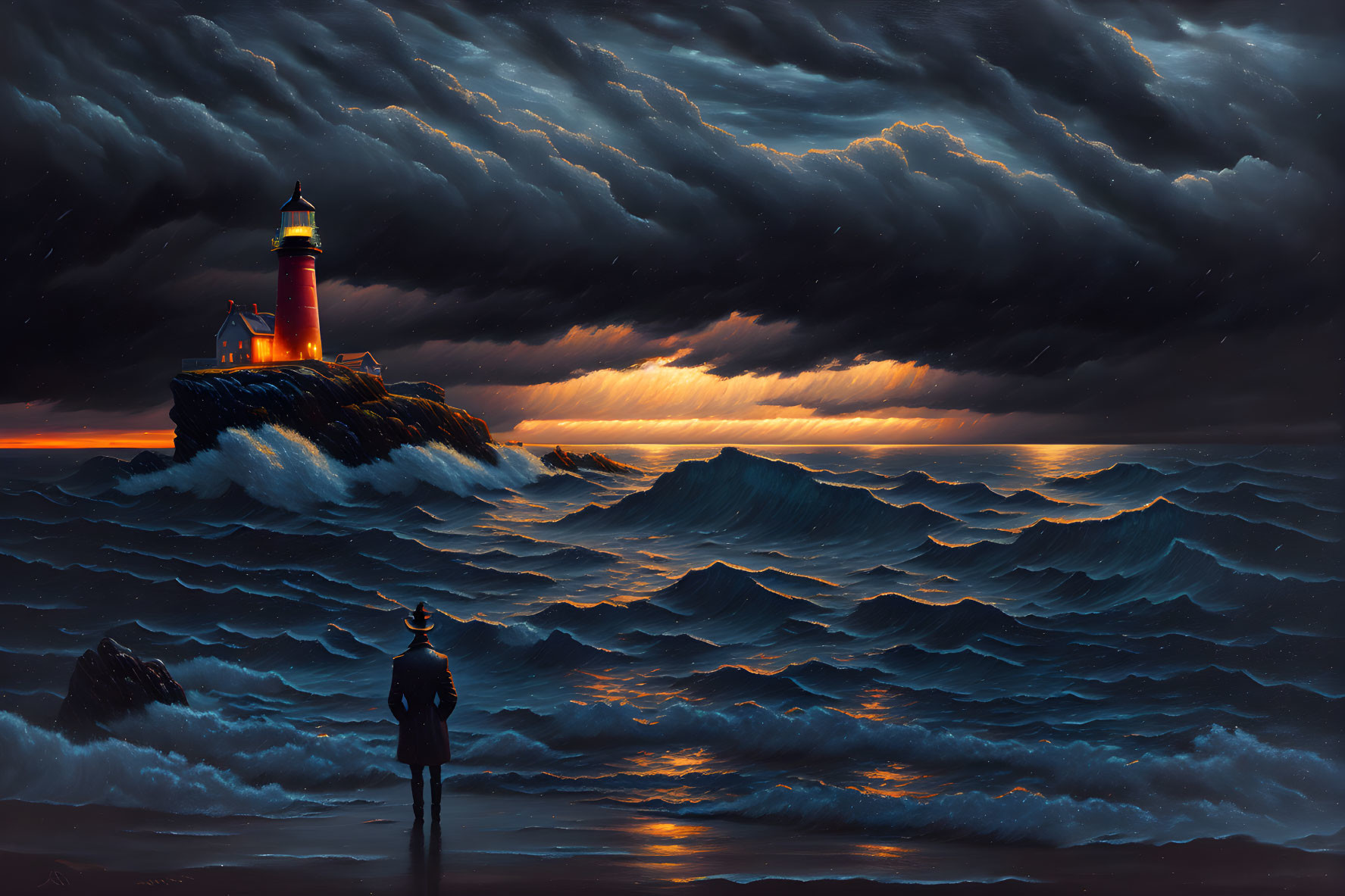 Person admiring stormy sea at night with distant lighthouse and sunset clouds.