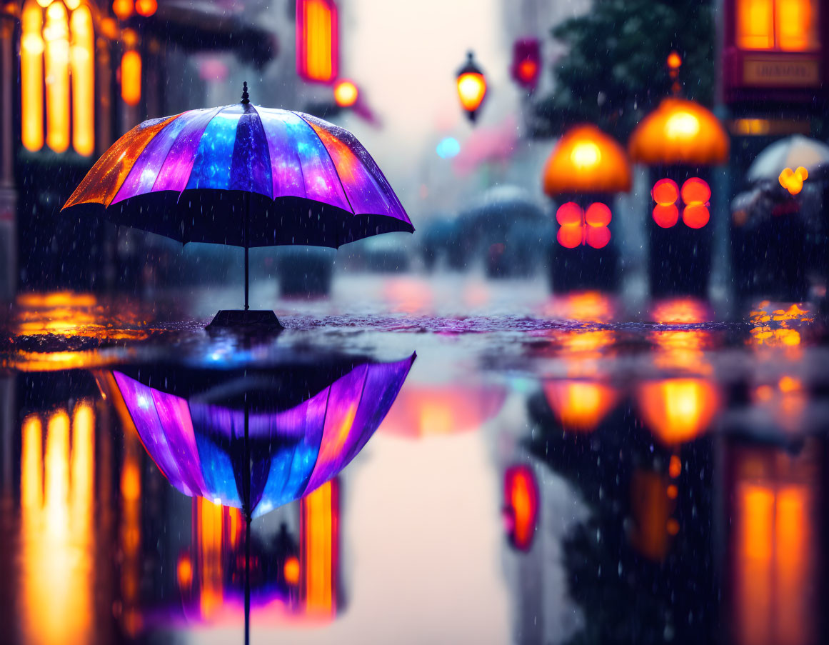 Colorful umbrella reflecting on wet city street at twilight