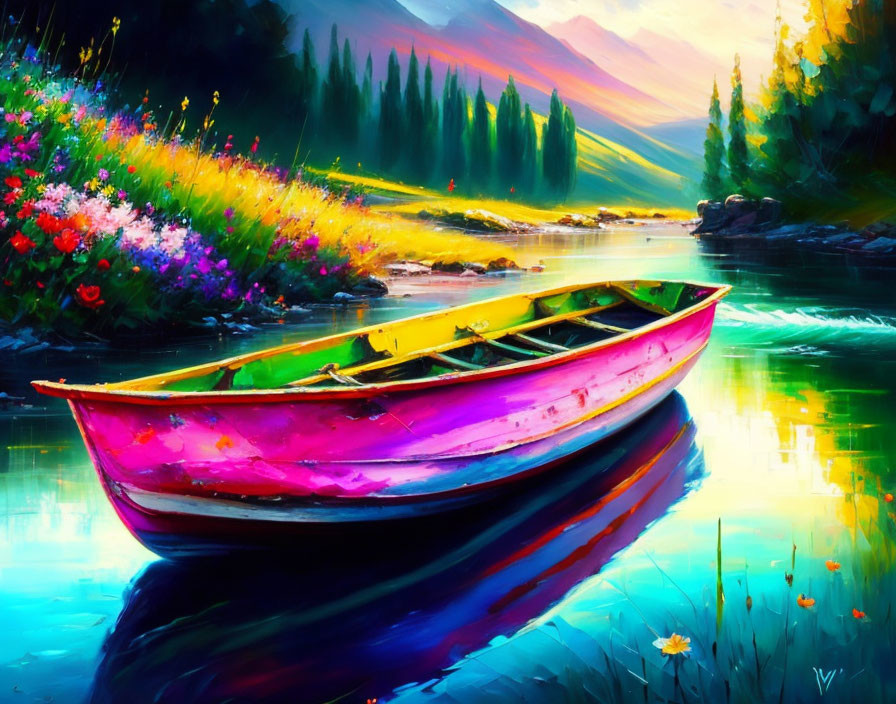 Colorful Boat Painting on Tranquil River with Mountain Backdrop