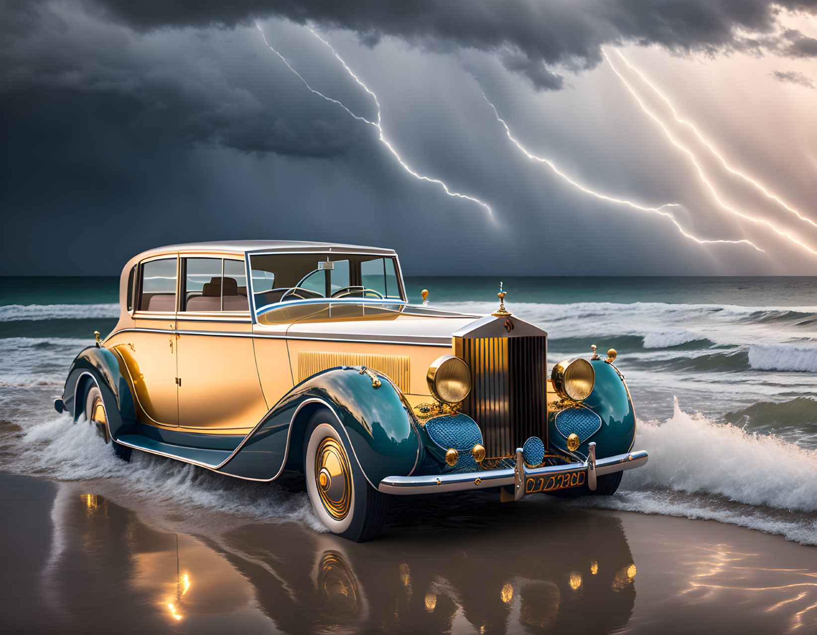 Vintage Car on Beach During Stormy Weather with Lightning