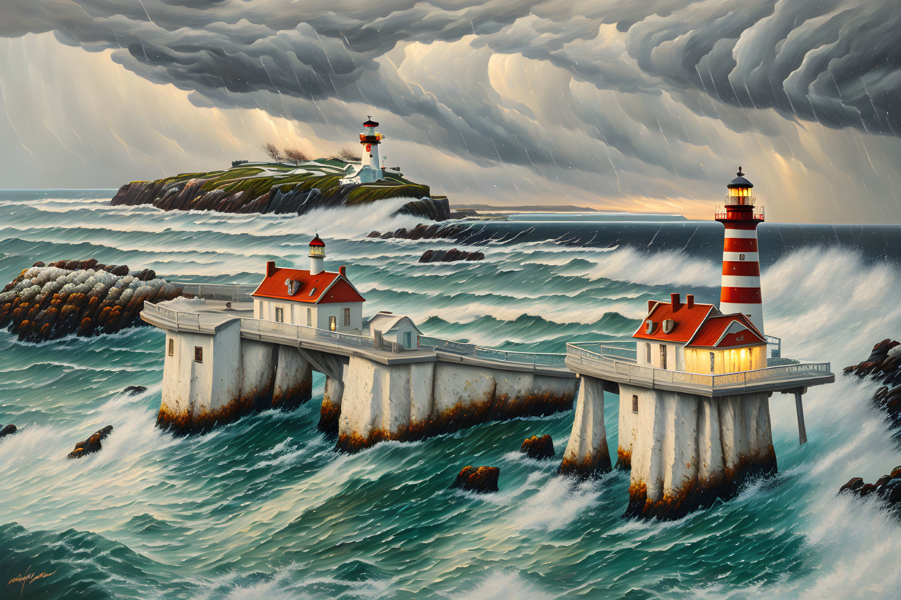 Lighthouse and buildings on rocky coast in stormy seas