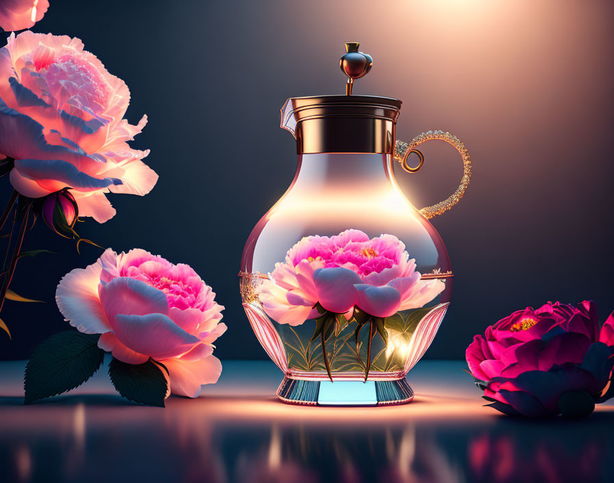 Glass teapot with blooming pink peonies on warm background
