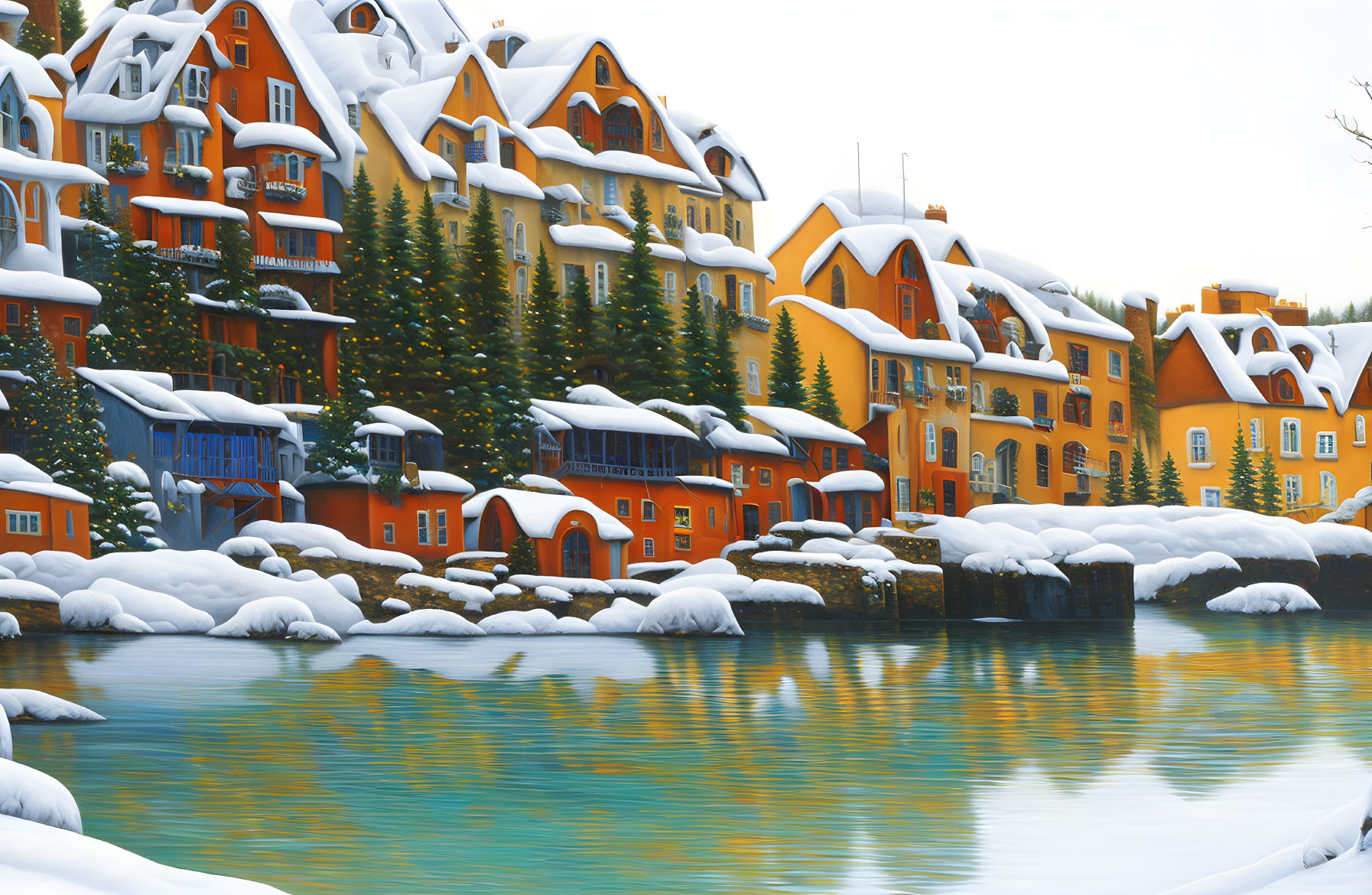 Snow-covered alpine buildings by frozen lake in winter landscape