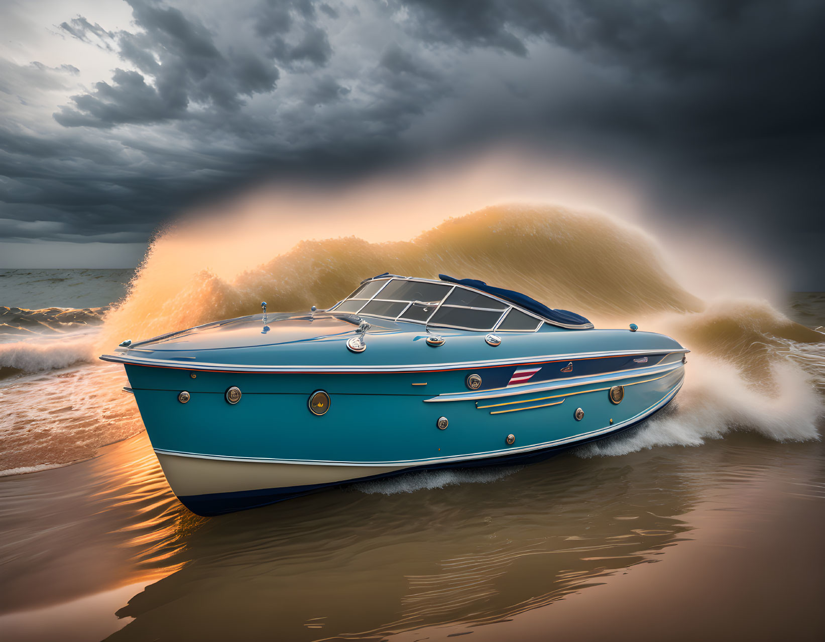 Blue glossy motorboat speeding on water under dramatic sky