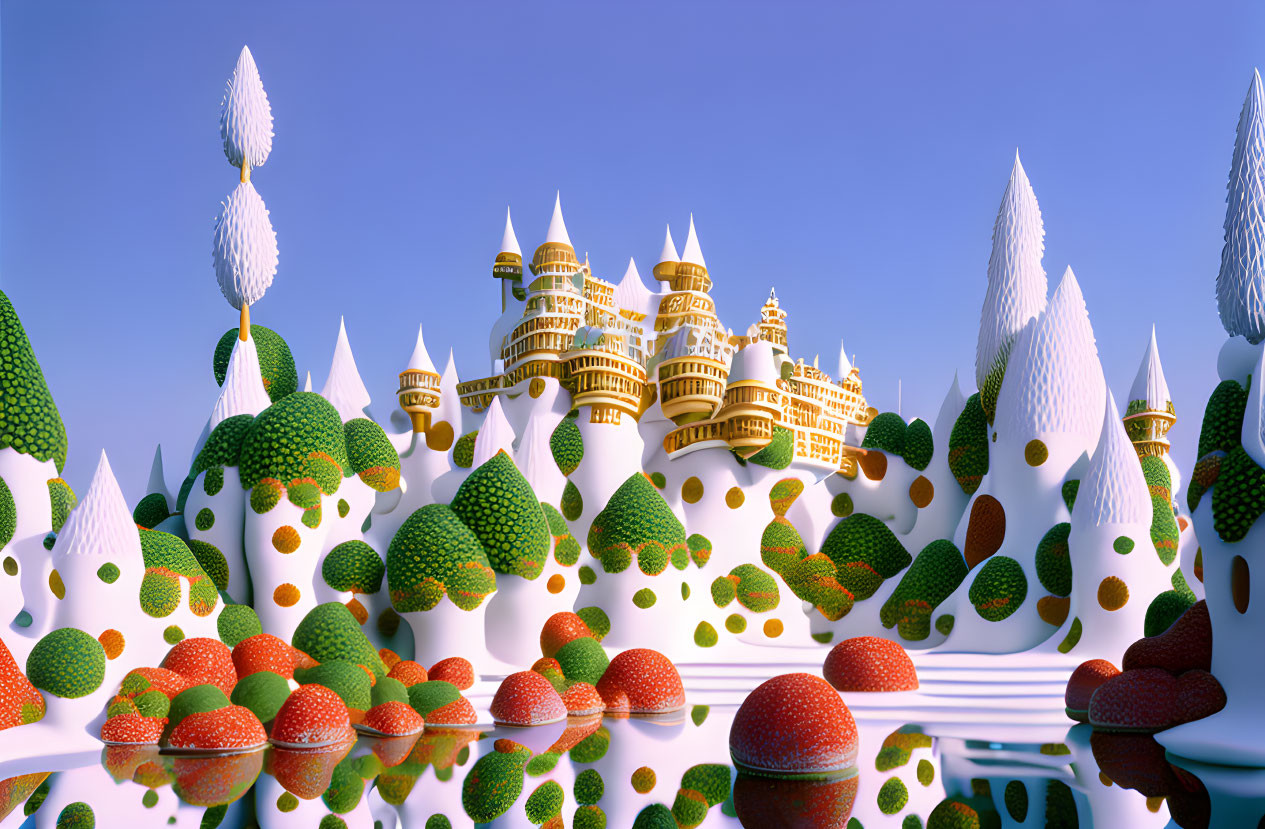 3D-rendered fairytale castle on snowy hills with trees and lake