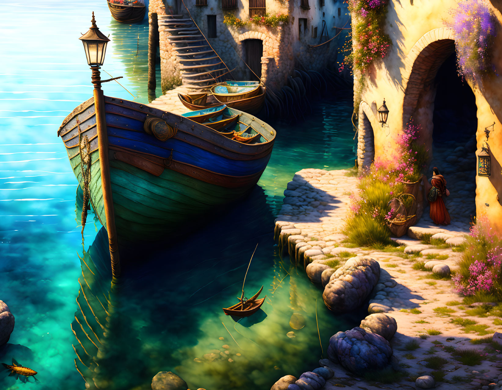 Tranquil harbor scene with wooden boat, stone piers, Mediterranean buildings, and lush flora