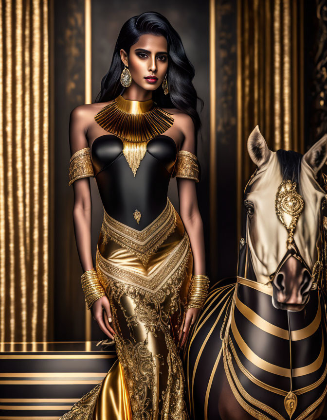 Woman in black and gold dress with white horse in luxurious setting