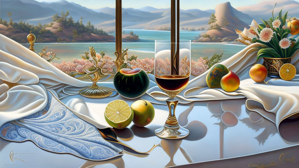 Classic still life painting with wine glass, fruits, flowers, and fabric on reflective surface by scenic lake