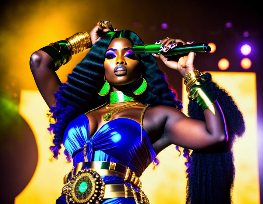 Elaborate blue and gold costume portrait against colorful bokeh background