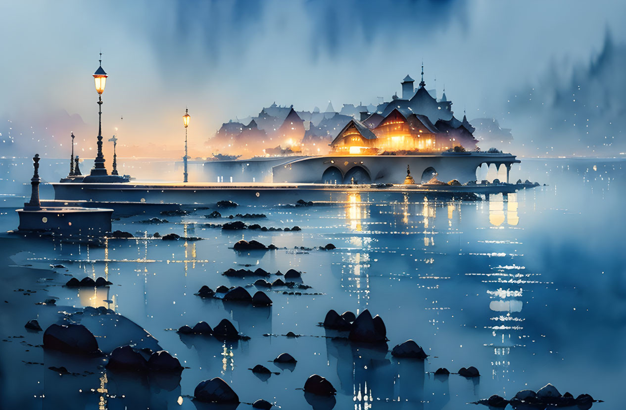 Twilight scene: lit palace on water, misty landscape, street lamps