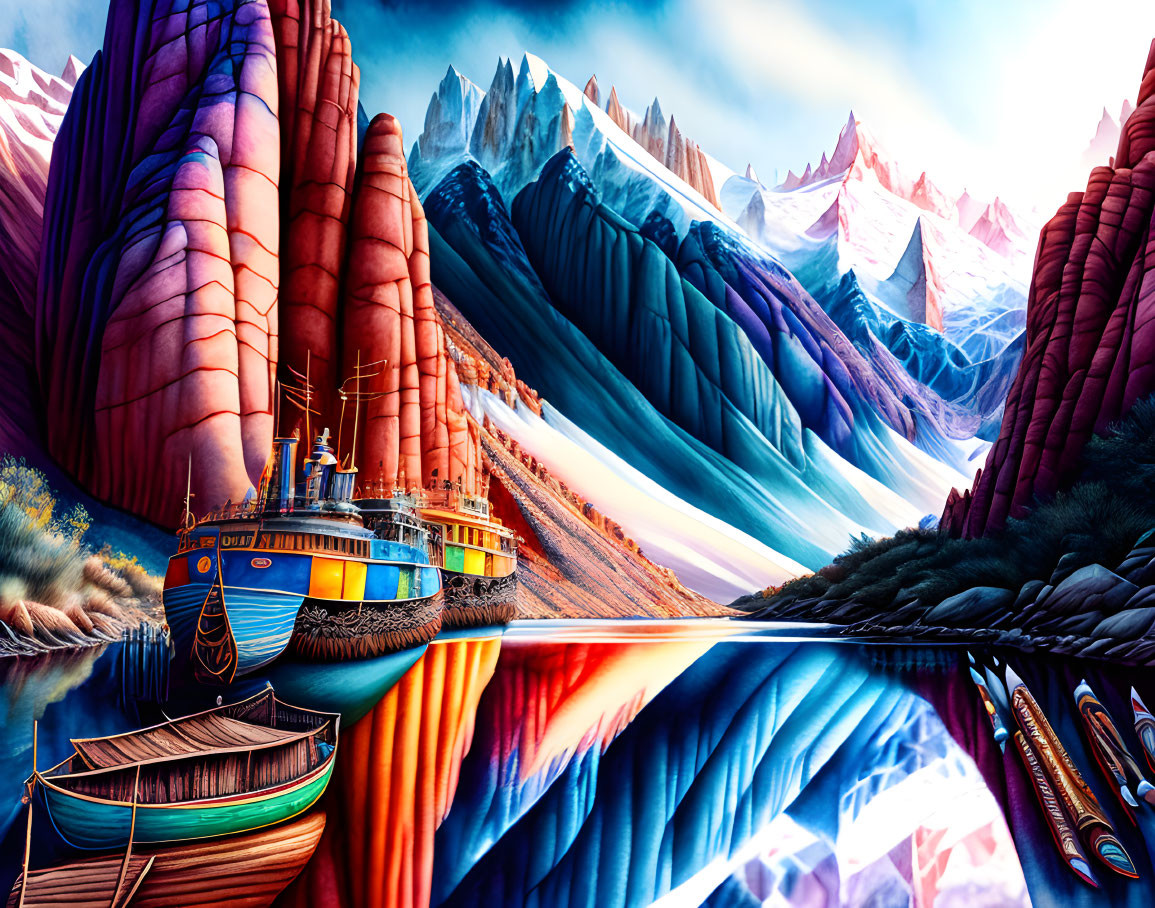 Colorful Landscape with Boats, Rainbow Mountains, and Blue Skies