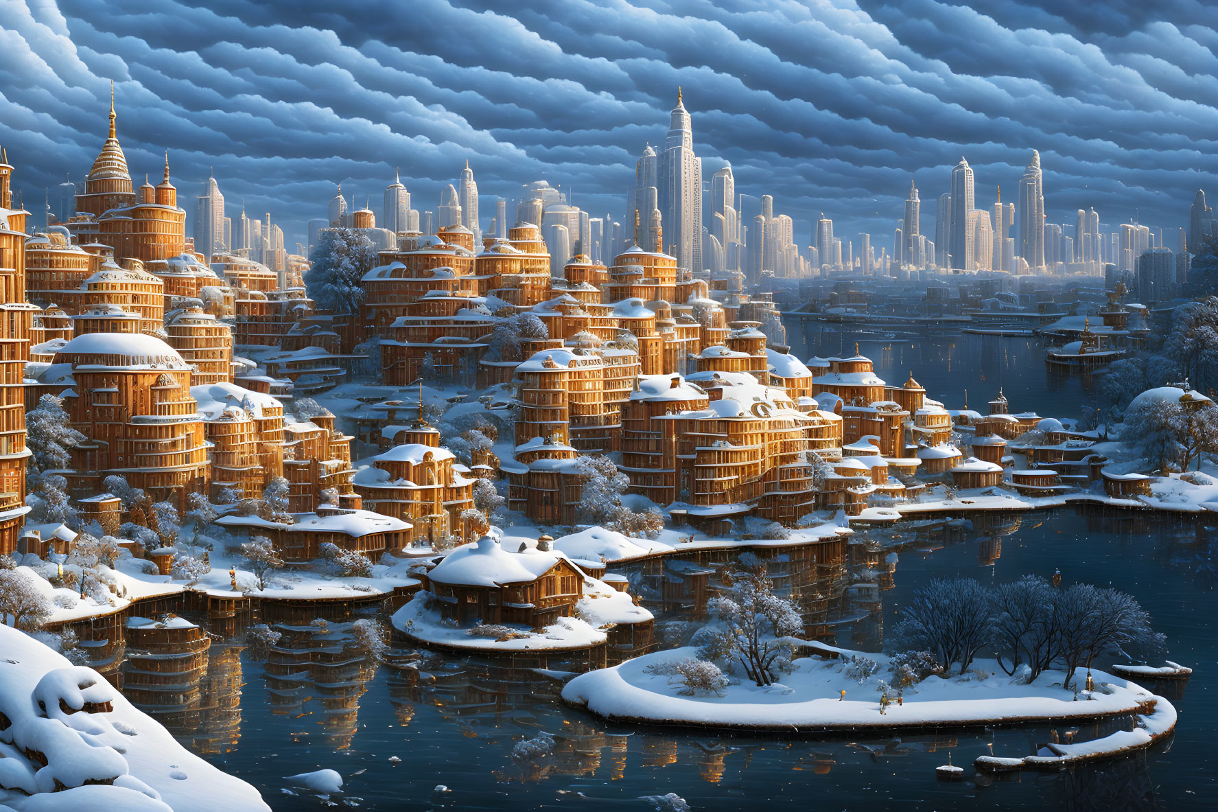 Snowy futuristic cityscape with traditional wooden buildings on riverfront at dusk or dawn