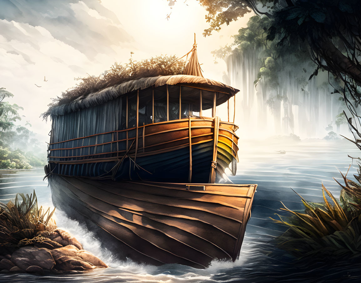 Traditional wooden houseboat near waterfall in lush greenery