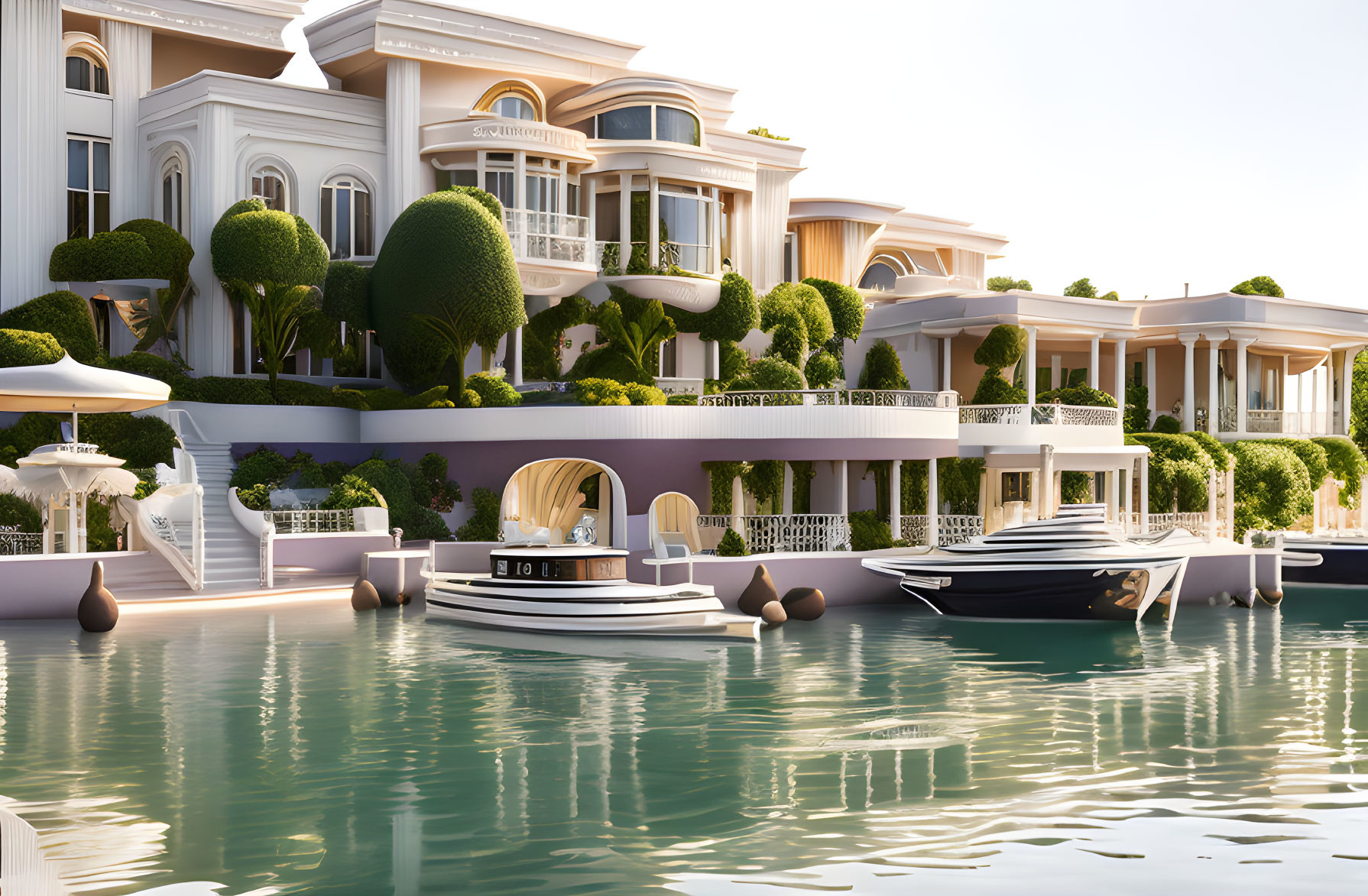 Elegant waterfront villas with manicured landscaping and private yachts in serene marina
