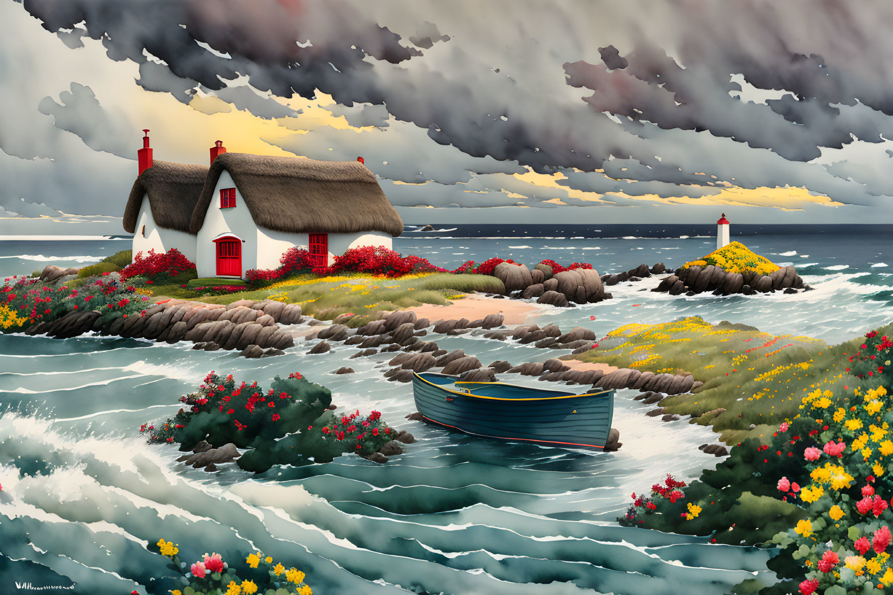 Tranquil coastal landscape with cottage, boat, flowers, and lighthouse