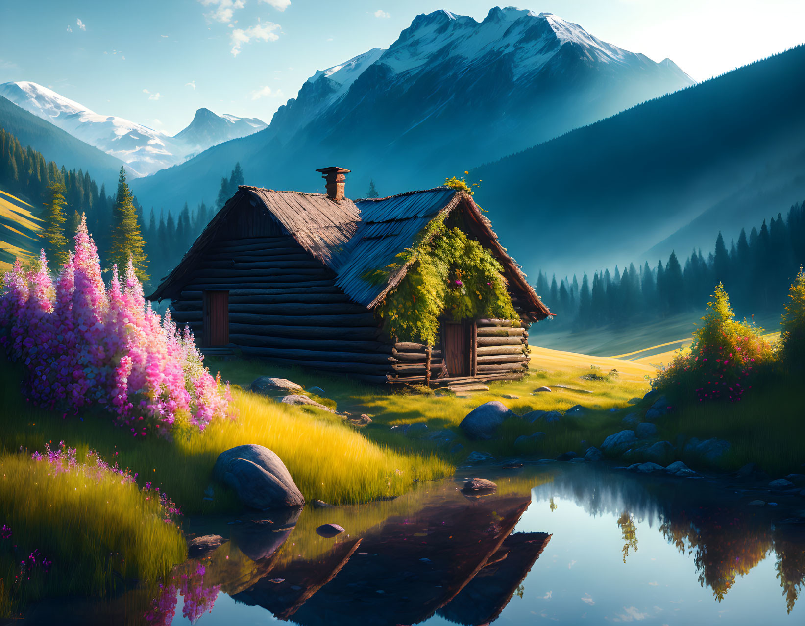 Tranquil log cabin surrounded by blooming flowers and mountains