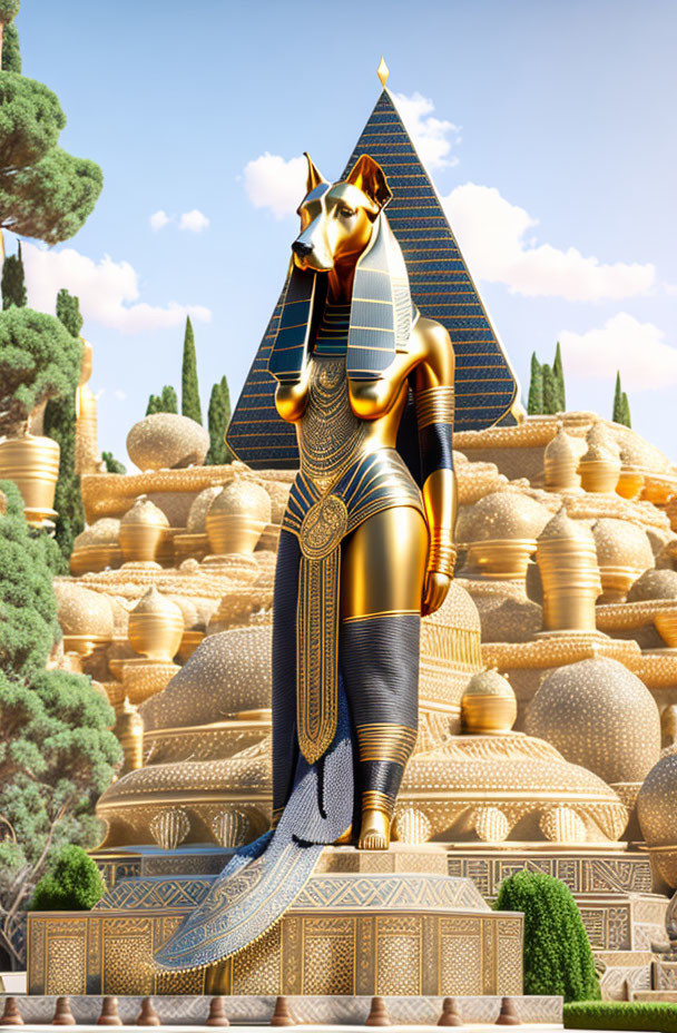 Anthropomorphic Cat-Headed Egyptian Deity Artwork with Pyramids & Golden Treasures
