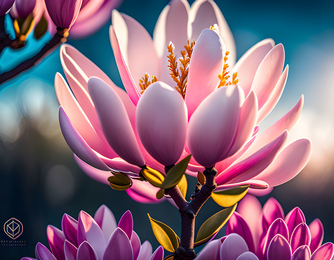 Close-up of vibrant pink magnolia flower with golden center on blurred background