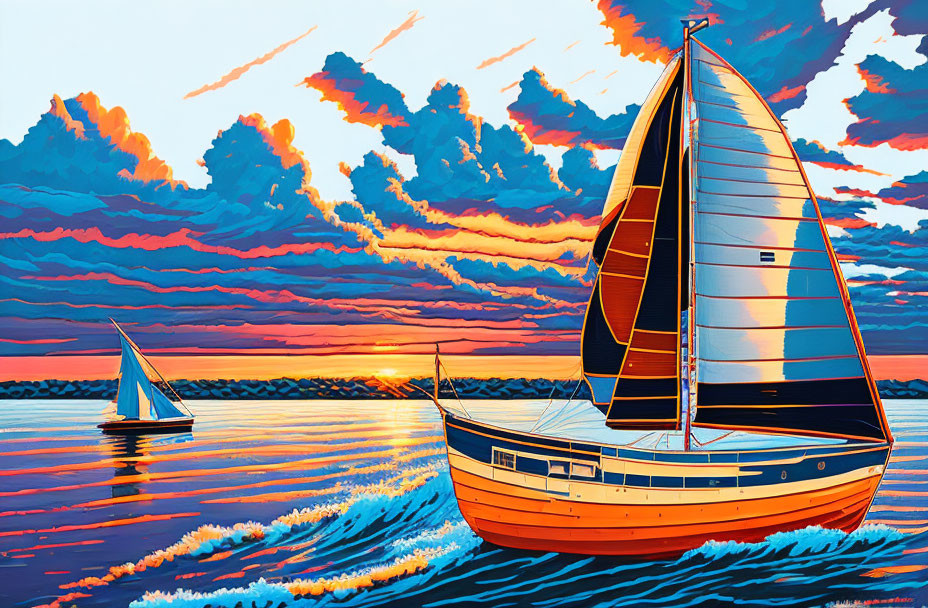 Colorful sailboats on sea at sunset with orange and blue clouds.