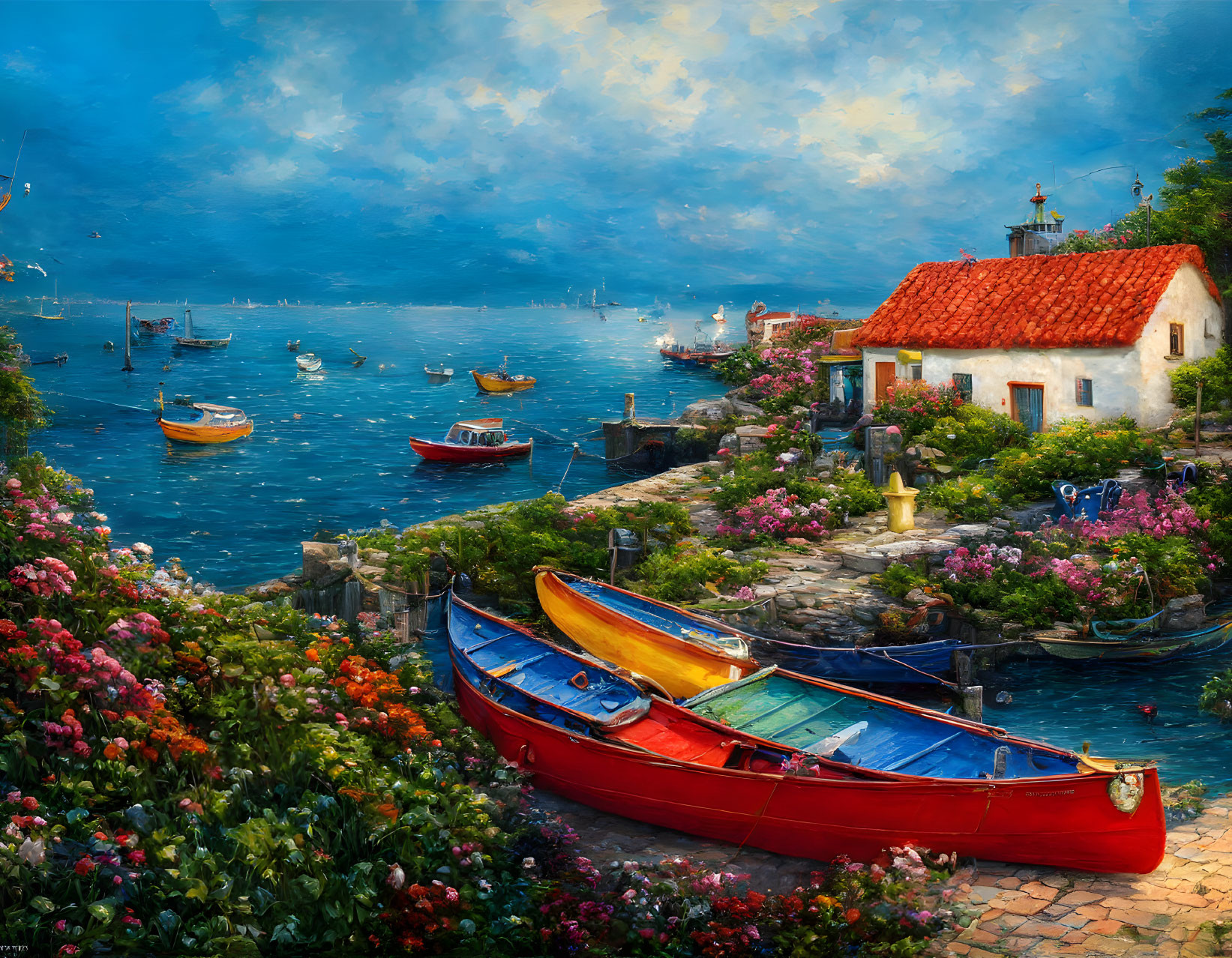 Colorful boats, quaint house, flowers by the shore under a blue sky