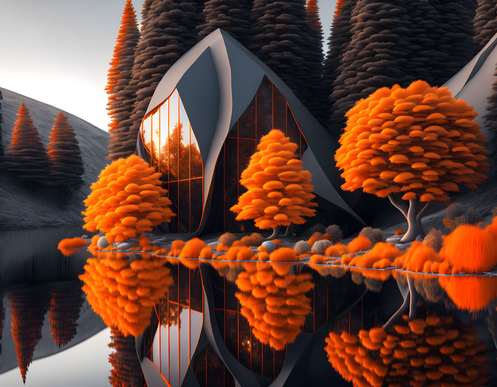 Modern building surrounded by autumn trees, lake, and mountains at sunrise or sunset