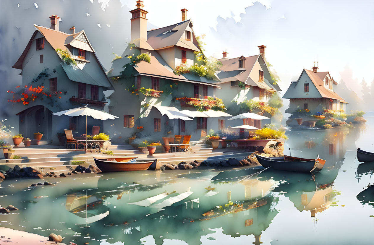 Tranquil lakeside village with charming houses, blooming flowers, and boats by the shore