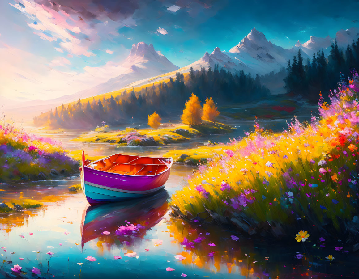 Colorful Boat Painting in Flower-Filled Landscape with River and Mountains