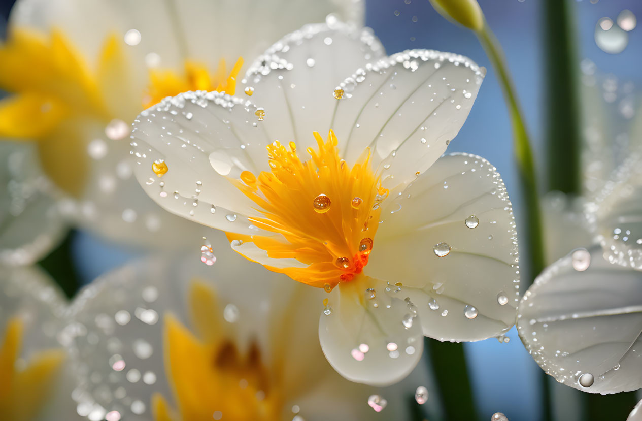 Detailed Close-Up of White Flower with Yellow Center and Water Droplets on Blue Background