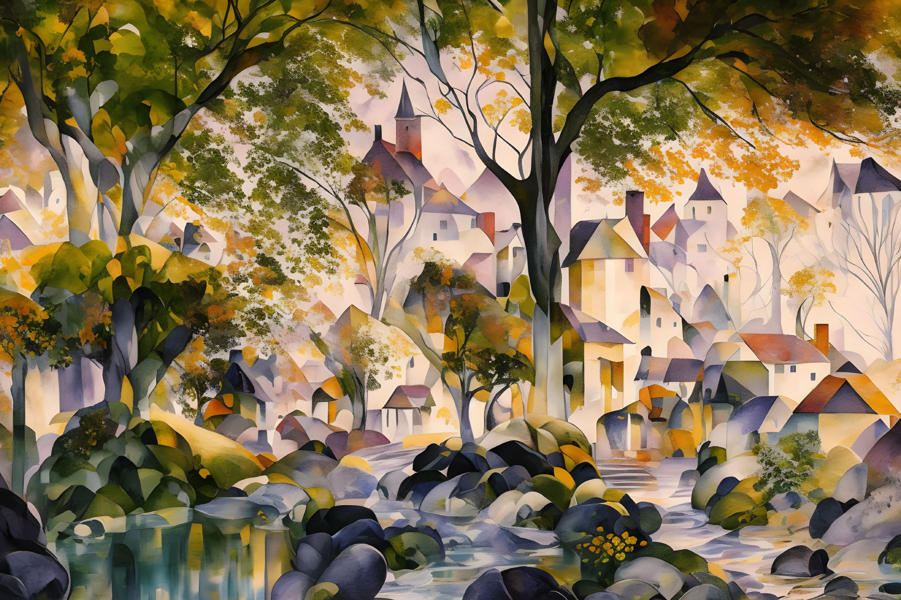 Colorful Autumn Village Painting with River and Trees