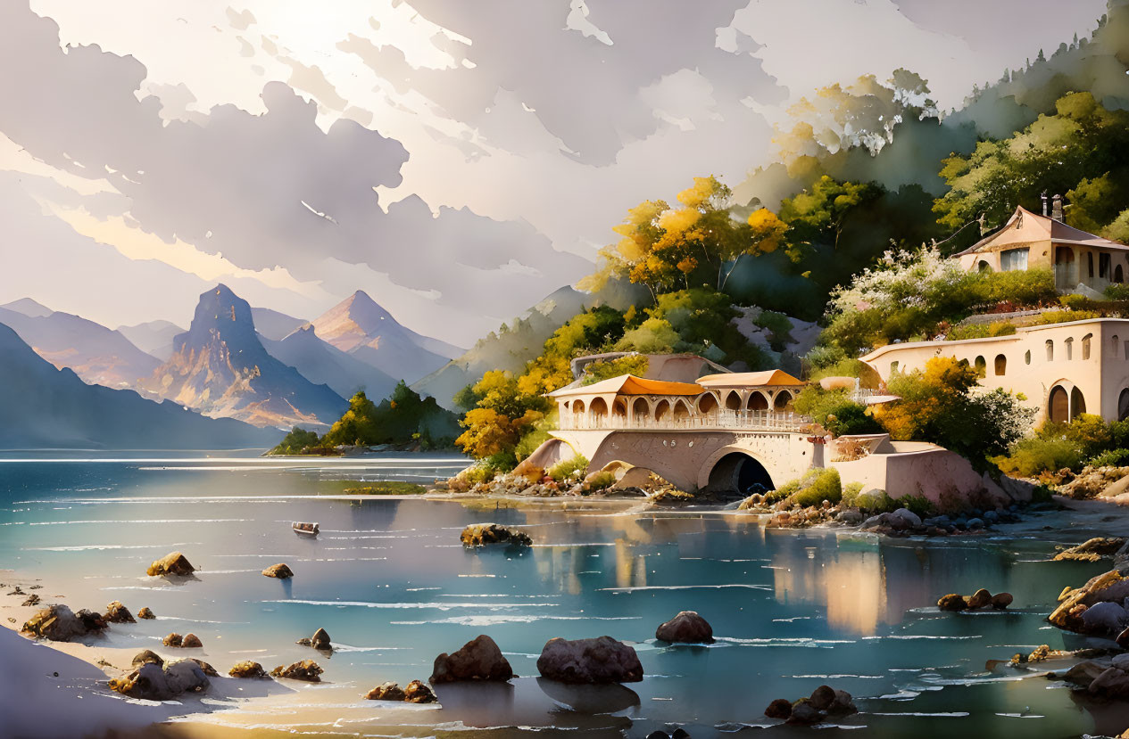 Tranquil Lake Landscape with Stone Bridge and Villa