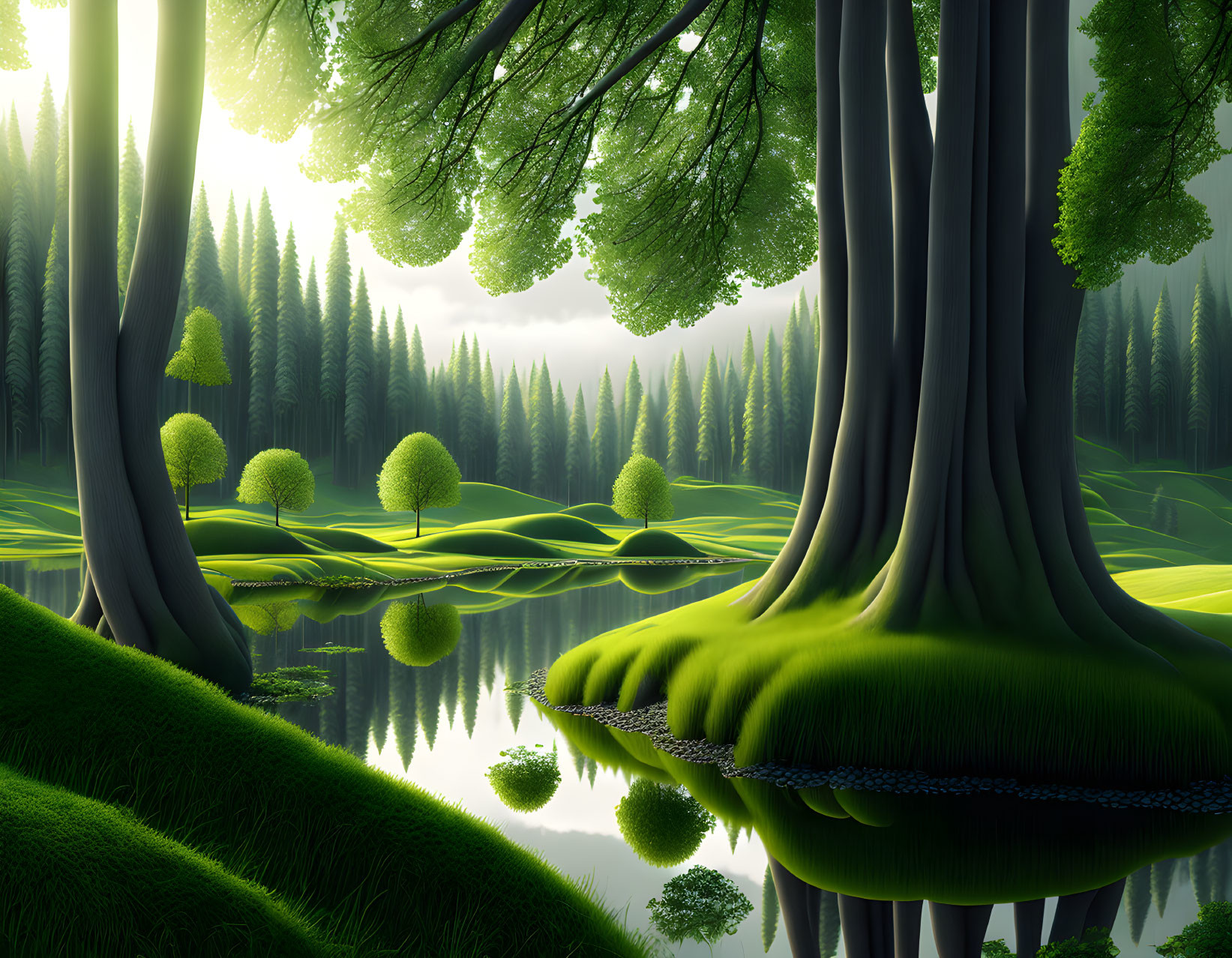Fantasy Forest with Towering Trees, Serene Lake, and Vibrant Light