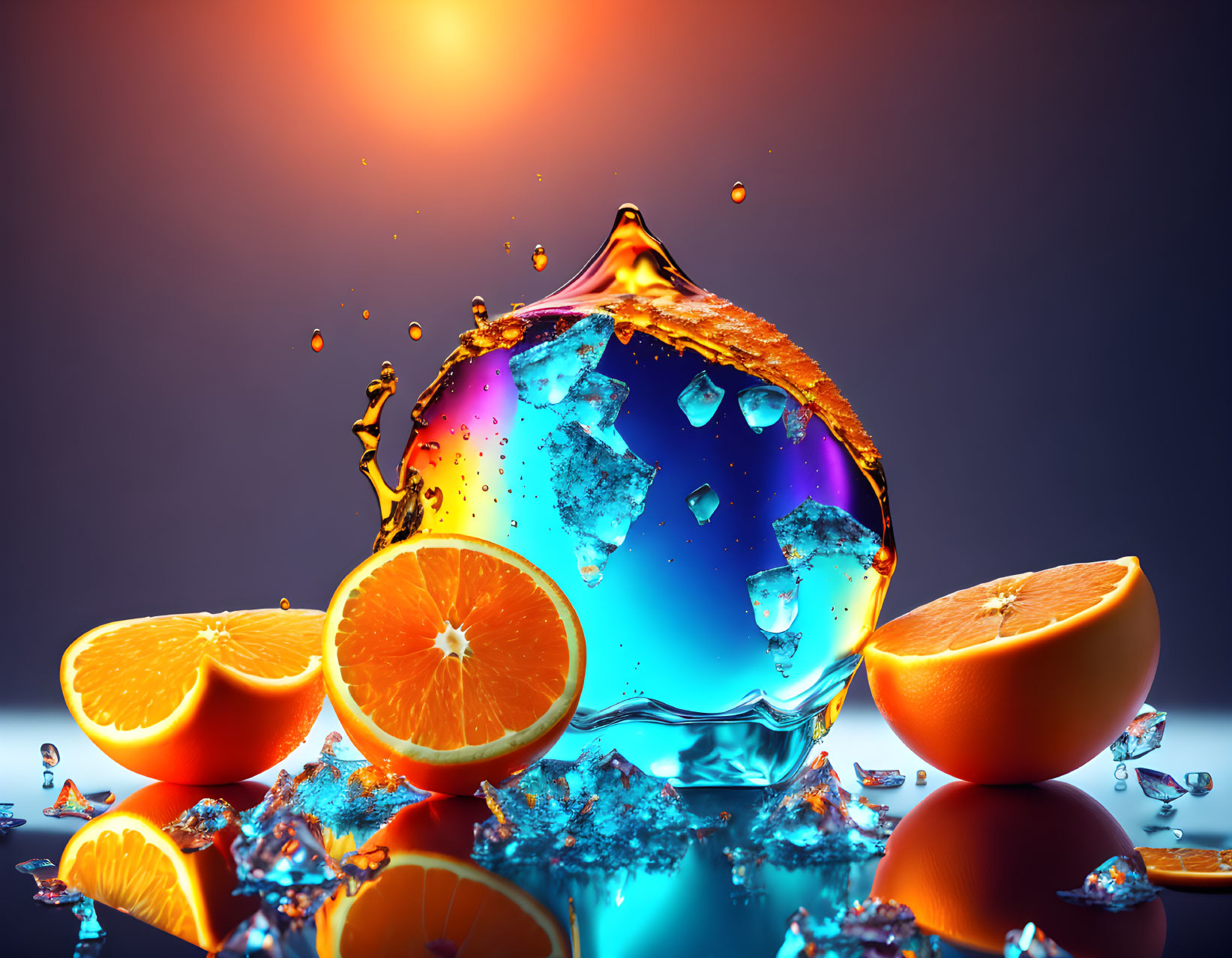 Colorful Water Bubble with Citrus Fruit Slices at Sunset