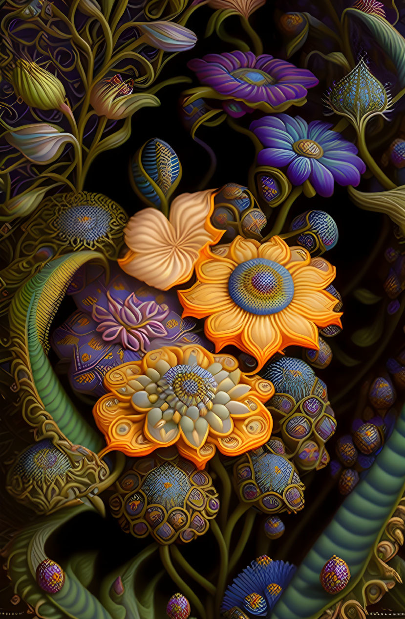 Vibrantly colored flowers and plants in intricate patterns on dark background