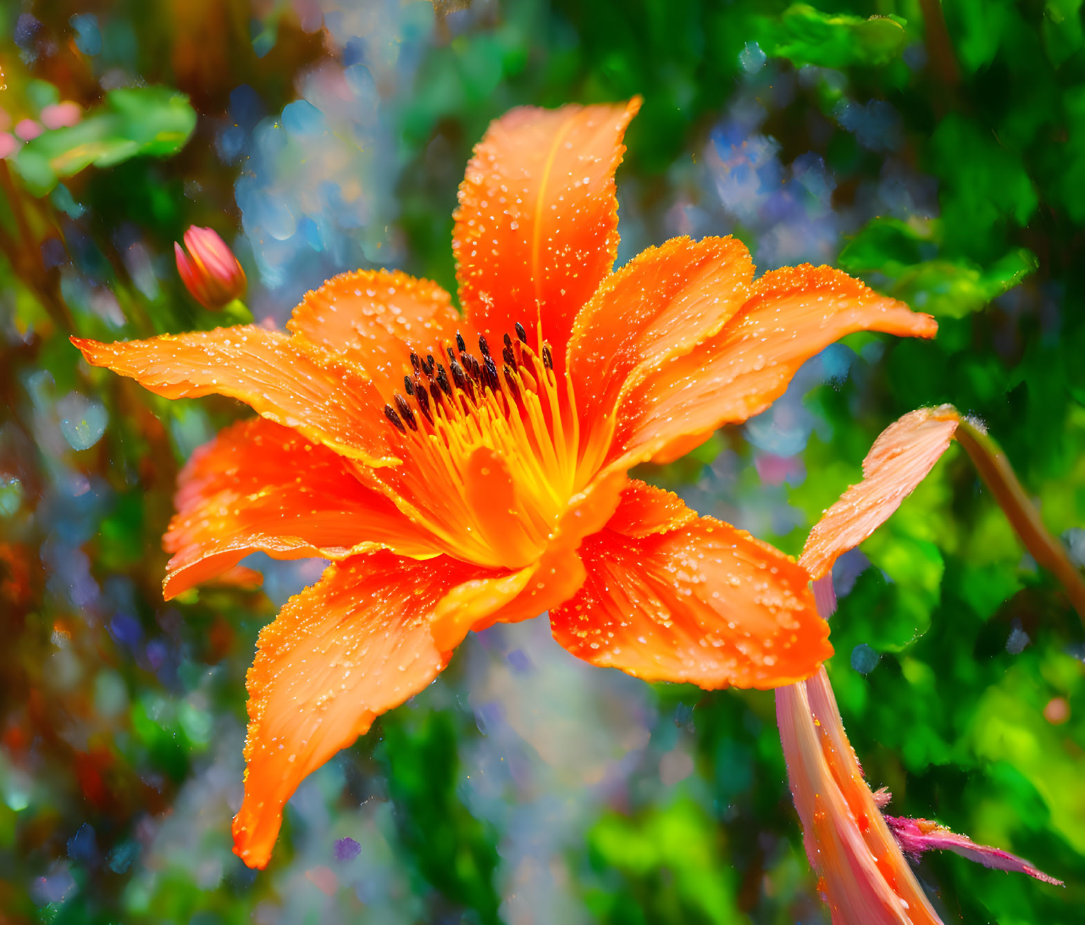Vibrant Orange Lily with Water Droplets on Petals and Blurred Green Background