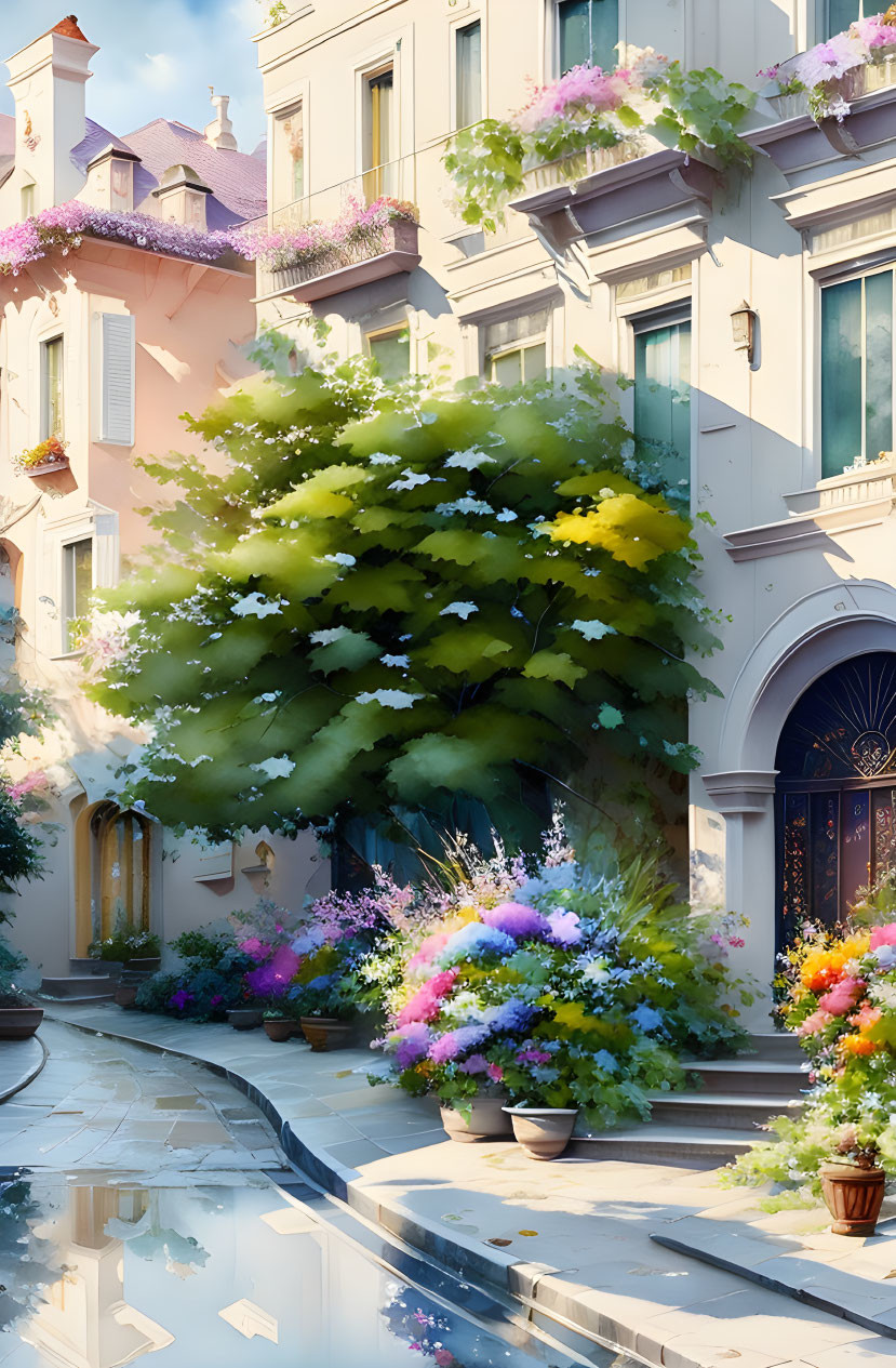 Colorful Blooming Flowers and Pastel Buildings on Urban Street