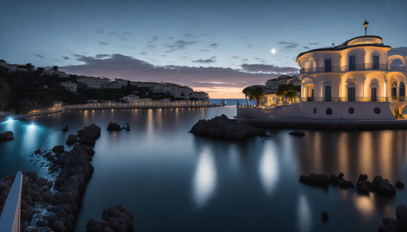Tranquil coastal twilight scene with crescent moon, reflecting buildings and lights on calm water, and