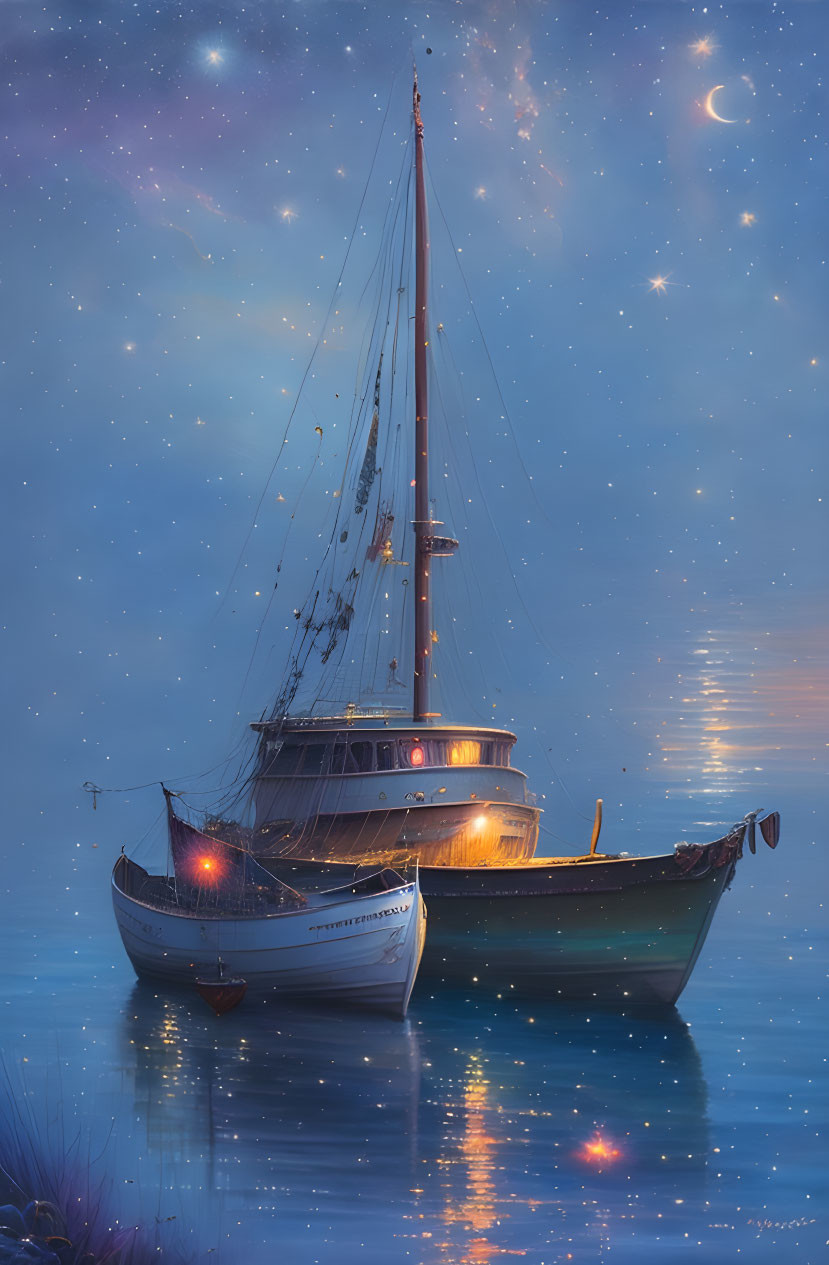 Nighttime Sailboat and Dinghy Scene with Starry Sky and Crescent Moon