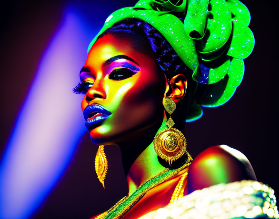 Vibrant woman with bold makeup and green headpiece in neon-lit setting