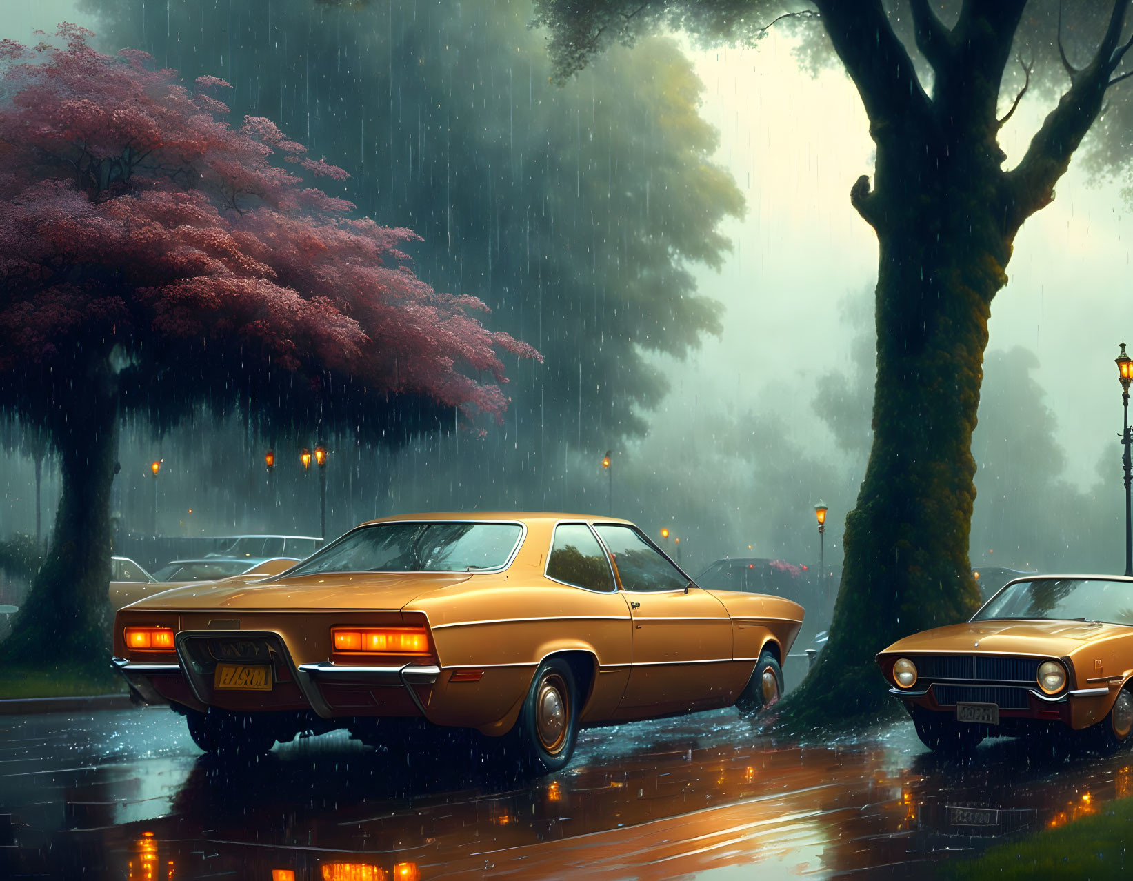 Classic Cars Parked Under Cherry Tree in Rain Shower