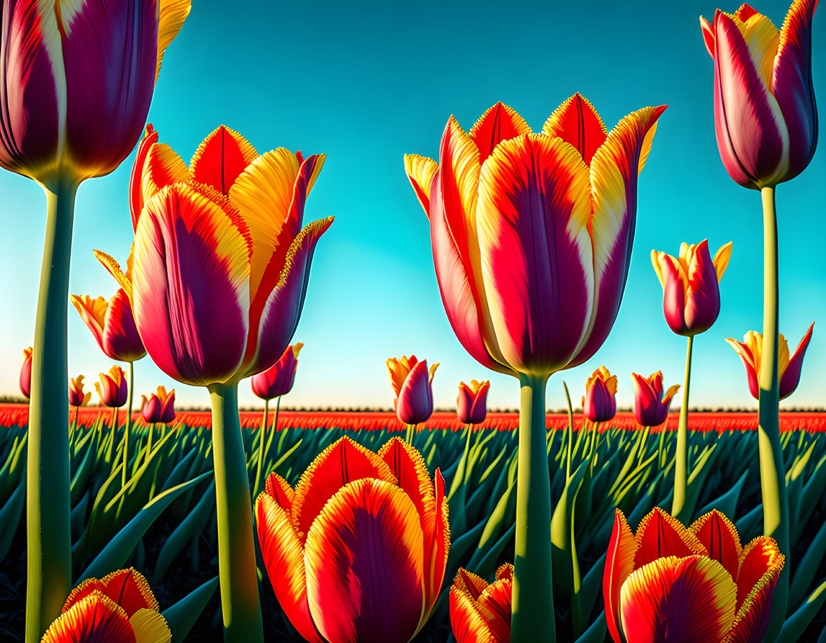 Colorful red and yellow tulip field under clear blue sky