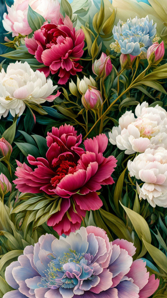 Vibrant pink, white, and blue peonies with detailed petals and leaves