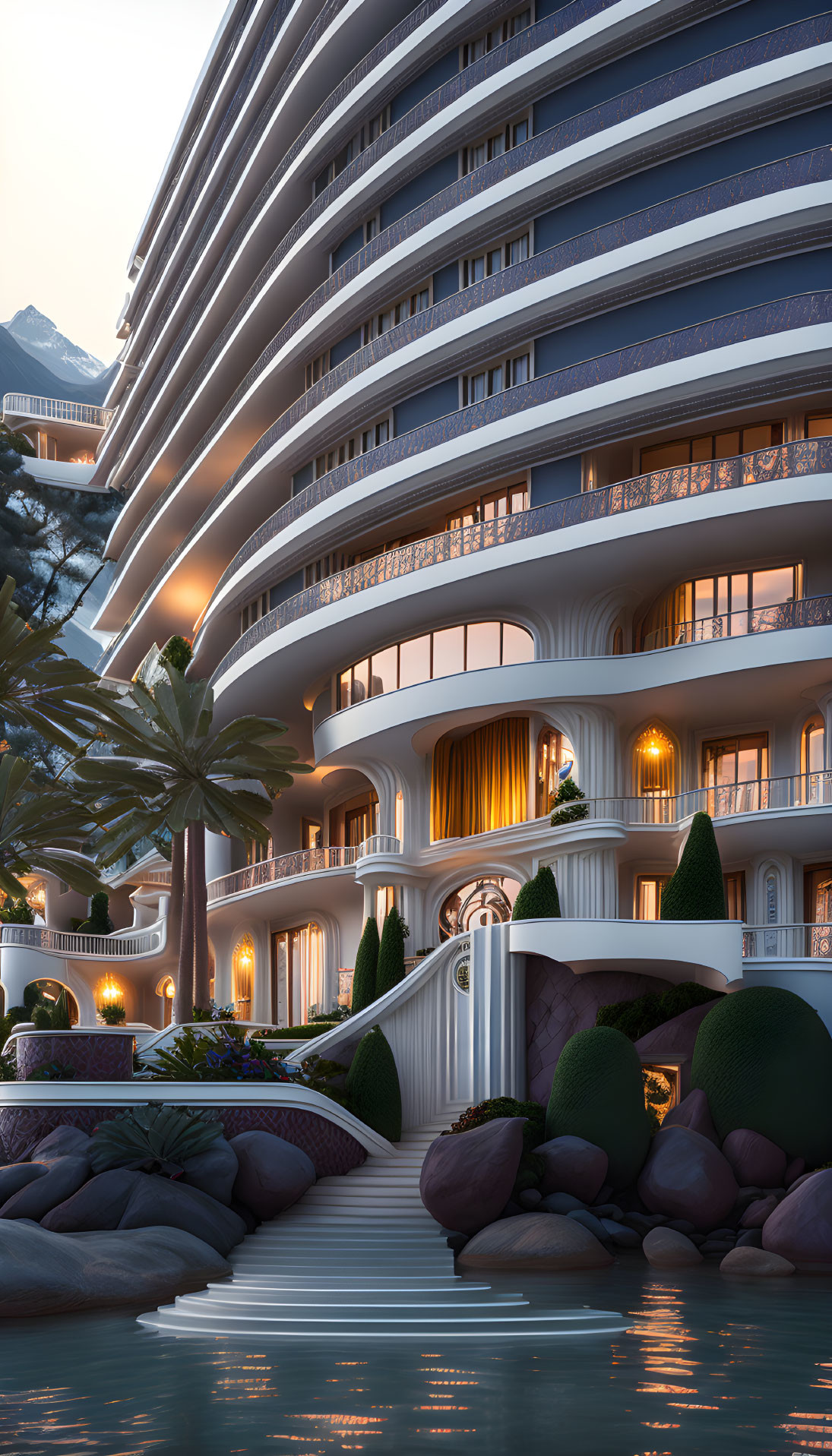 Curved Balconies Hotel Illuminated at Dusk surrounded by Palm Trees and Water