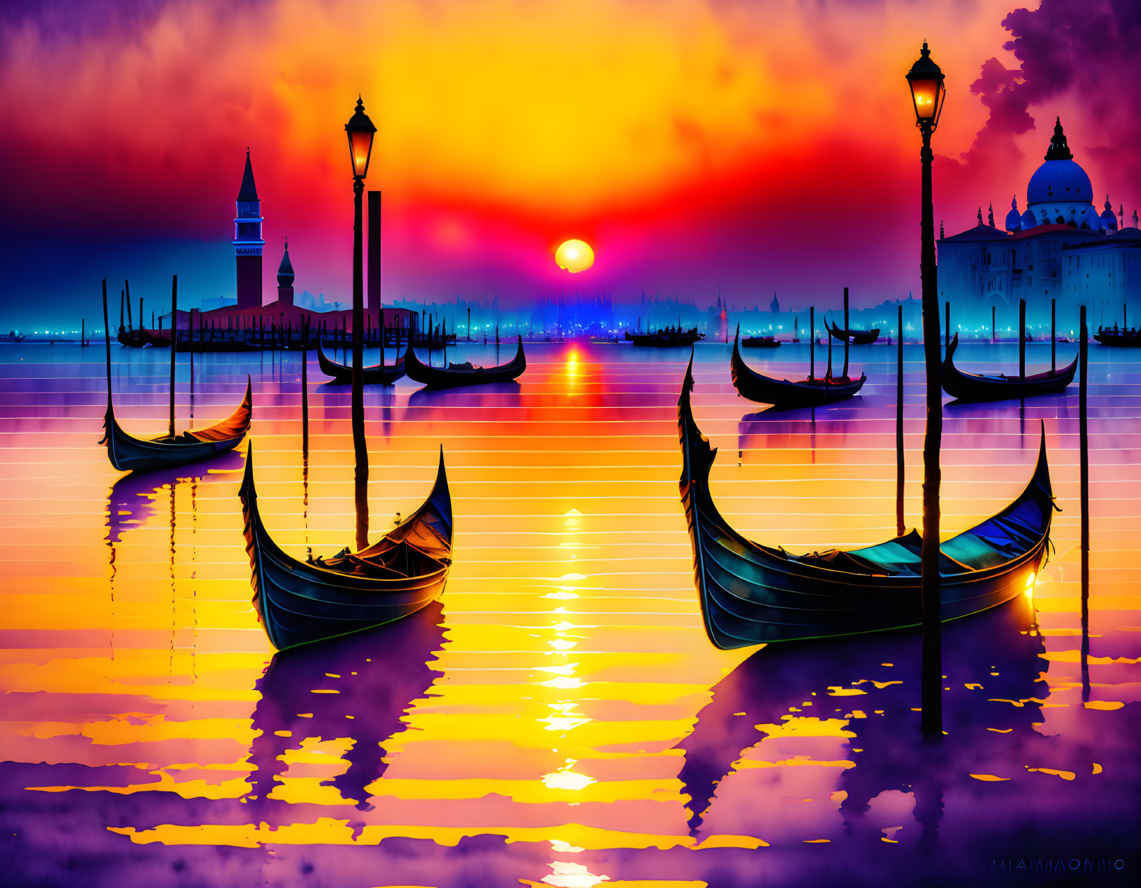 Vibrant Venice Sunset with Gondolas and Church Silhouette