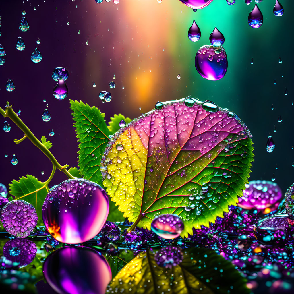 Vibrant water droplets on leaves and berries with bokeh background