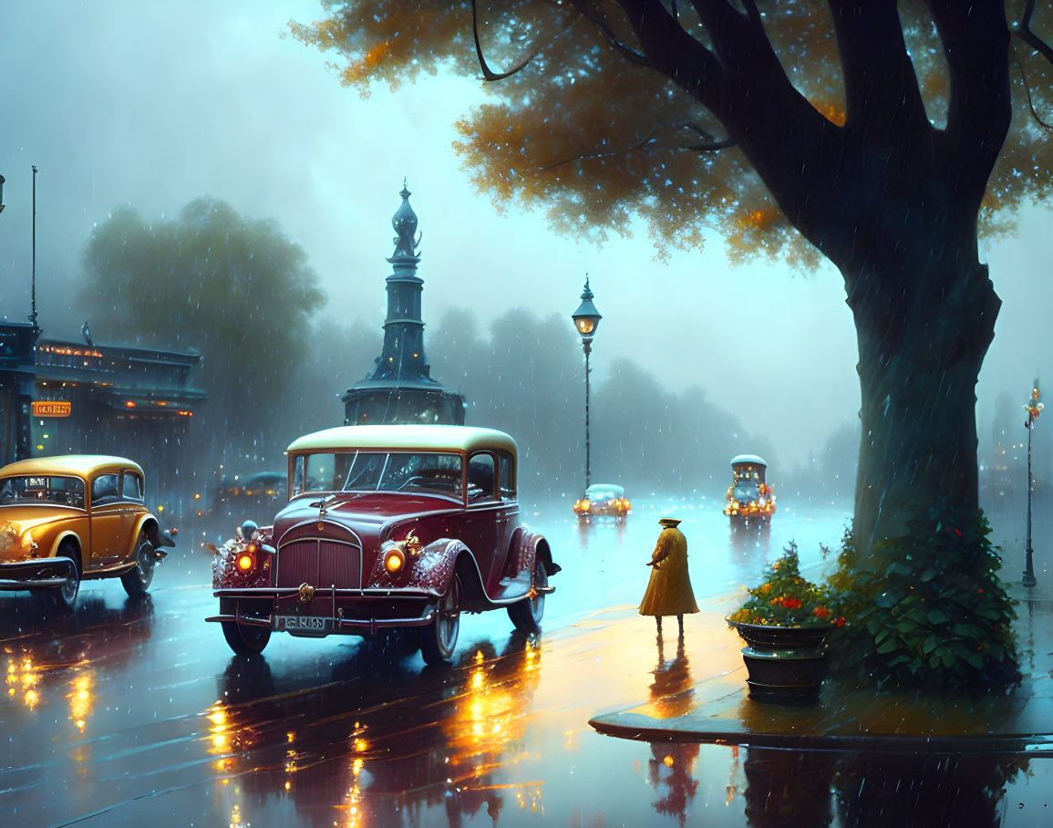 Vintage Cars and Child in Yellow Raincoat on Reflective Road at Night