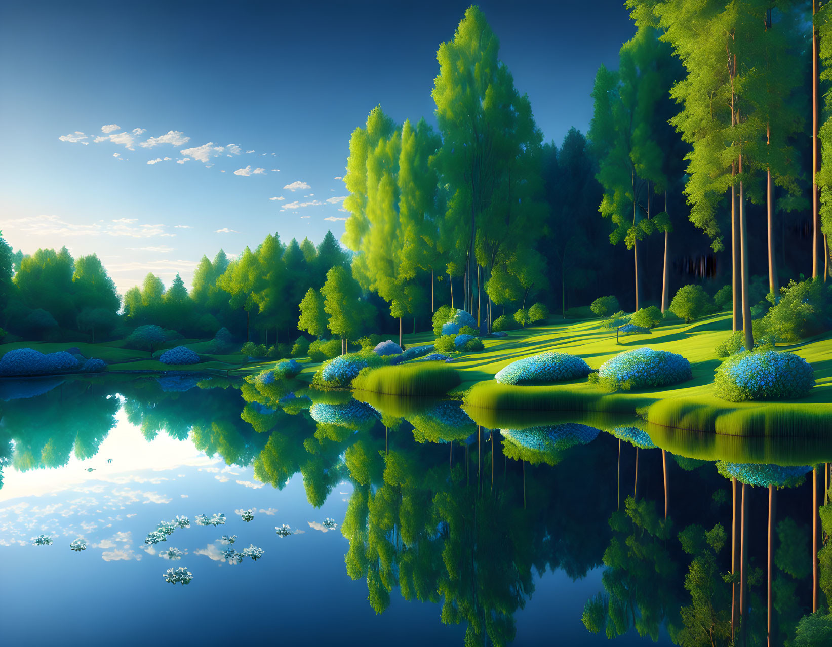 Tranquil landscape: lush green trees, vibrant grass, serene blue lake, and white water l