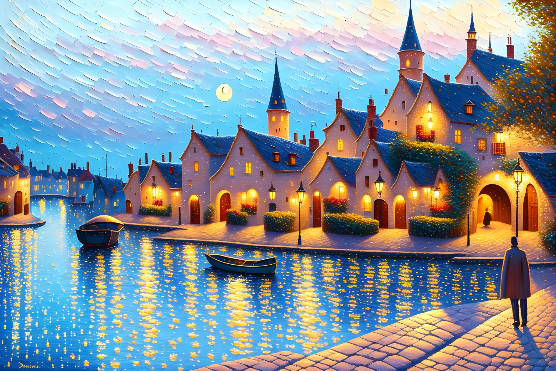 Starry night painting of tranquil village with cobblestone paths