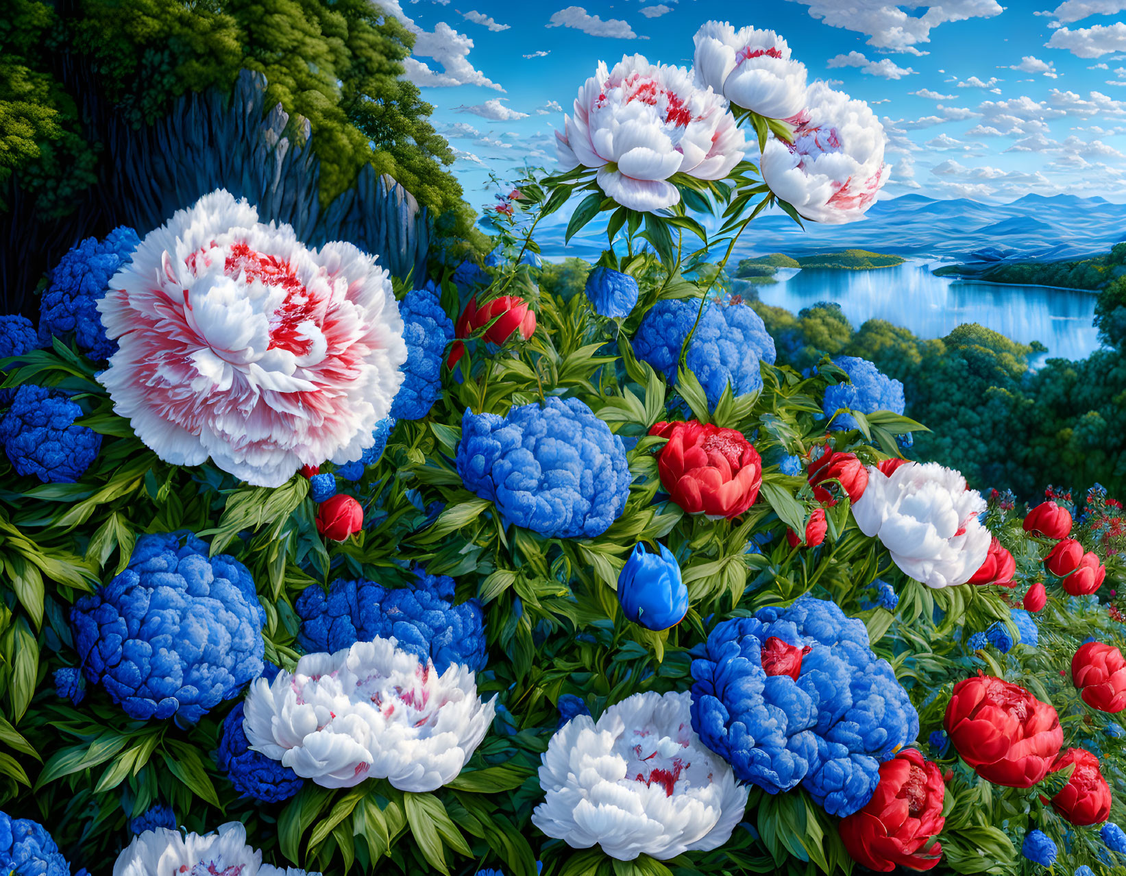 Vibrant blue and white peonies bloom by serene lake
