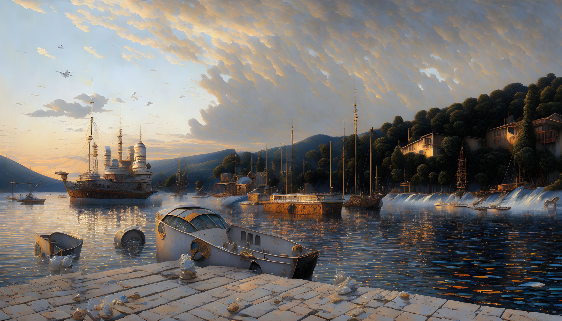 Scenic sunset harbor view with boats and old-world architecture