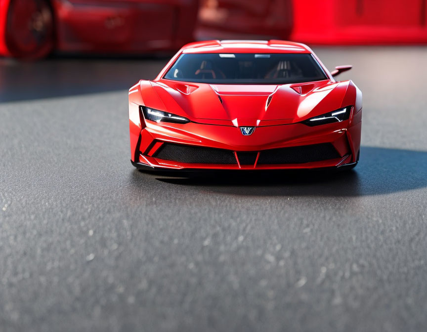 Sleek red sports car model with aggressive design on blurred backdrop